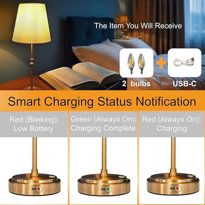 Cordless Table Lamp Rechargeable Vintage Gold-5000mAh Battery Operated Lamp for Decor, 2700K Stepless Dimming Touch Control Wireless Lamp for Bedroom, Living Room, Office, Dormitory - Bloomnest