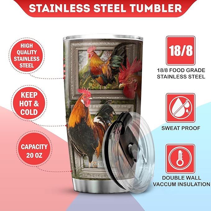 Chicken Tumbler For Chicken Lovers Insulated Rooster Cup With Lid 20 Oz Funny Farm Animal Print Stainless Steel Travel Coffee Mug With Chickens Birthday Present For Women - Bloomnest