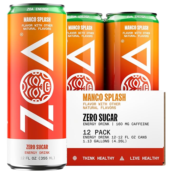ZOA Zero Sugar Energy Drinks, Mango Splash - Sugar Free with Electrolytes, Healthy Vitamin C, Amino Acids, Essential B-Vitamins, and Caffeine from Green Tea - 12 Fl Oz (Pack of 12) - Bloomnest