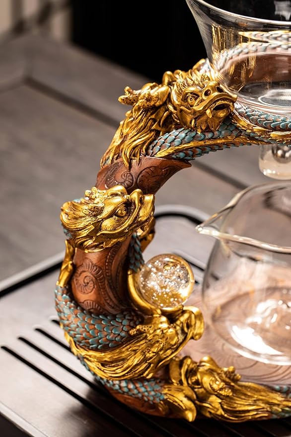 Glass Teapot Set with Infuser Semi Automatic Dragon Tea Set (Blue golden teapot) - Bloomnest