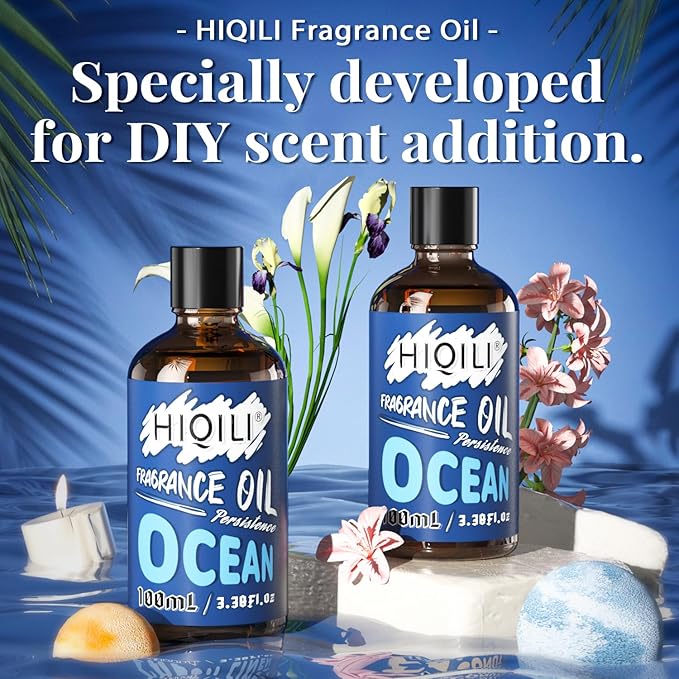 HIQILI Ocean Essential Oil 100ml - Clean Fresh Fragrance Oil for Home Diffuser, Laundry, Car Freshies, Aromatherapy, Candle Soap Perfume Making Kit 3.38 Fl Oz HIQILI