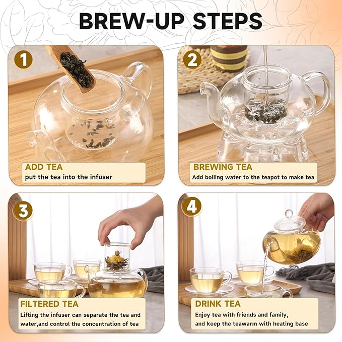 Glass Teapot Set, 40OZ/1200ml Stovetop Safe Glass Tea Kettle with Removable Infuser & Tea Warmer, Tea Cups and Saucers Set of 4, Blooming Tea & Loose Leaf Tea Maker Set for Women - Bloomnest