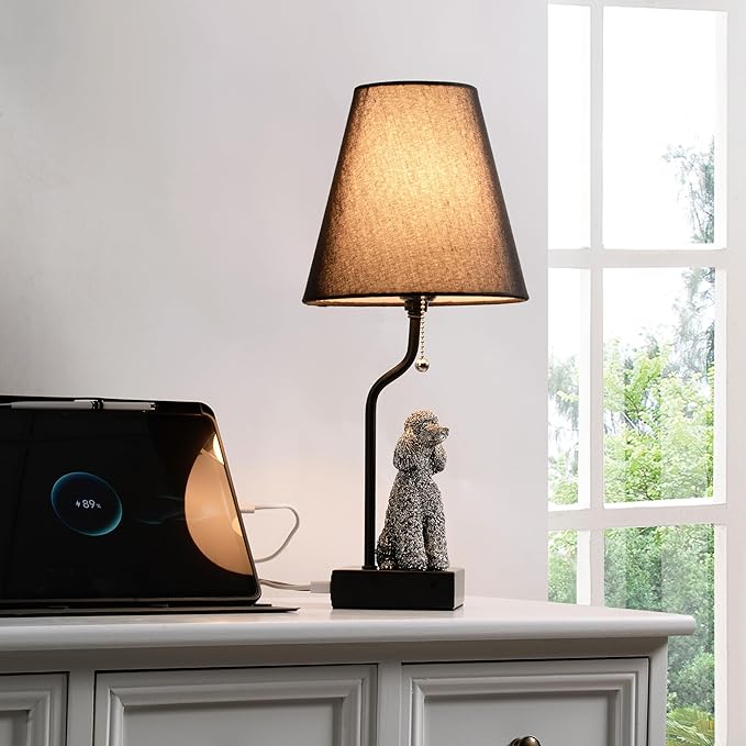 Portable Poodle Table Lamp with USB-C & USB-A Charging Ports, Black Fabric Shade & Dog Figurine Base, Nightstand/Bedside Lamp with Pull Chain Switch – Gift for Dog Lovers 24094 - Bloomnest