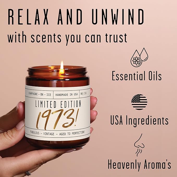 52nd Birthday Gifts for Women - 'Limited Edition 1973' Soy Candle, w/Champagne on Ice I 52 Birthday Gifts for Women I 52nd Gift for Her Ideas I 9oz Reusable Jar, 50Hr Burn, Made in USA - Bloomnest