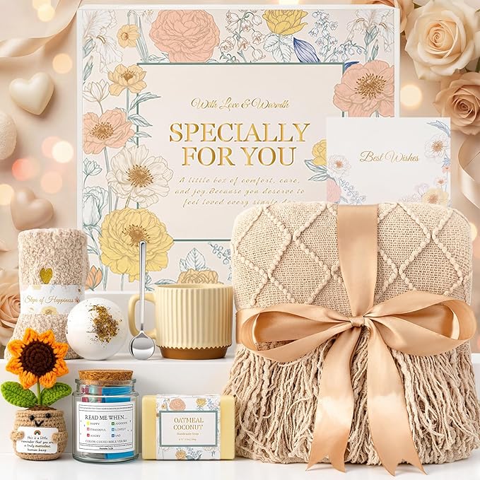 Get Well Soon Gifts Baskets for Women, Spa Self Care Gifts, Thinking of You Gift, Relaxing Sunflower Gift Basket for Her Friends Birthday Valentines Day Mothers Day Luxury Gifts, Khaki - Bloomnest