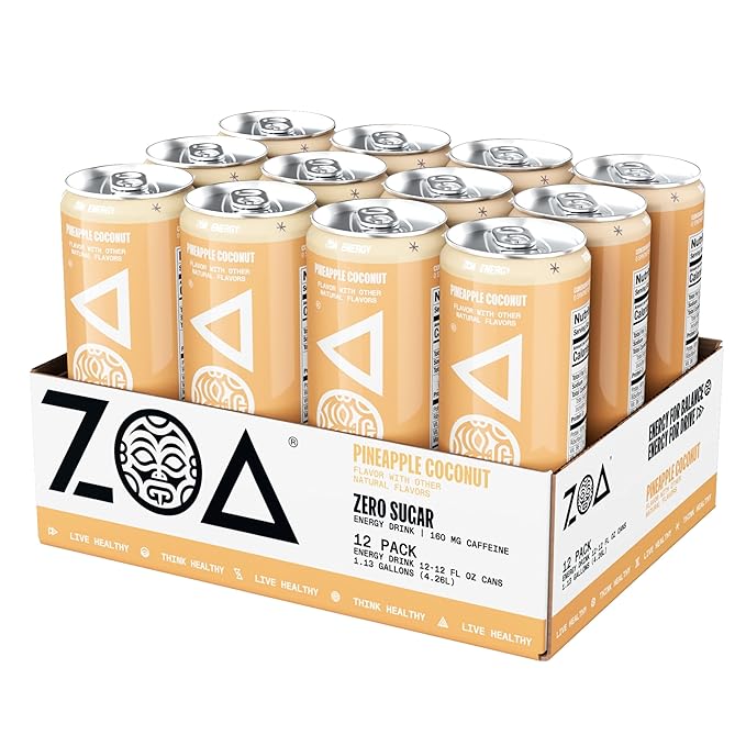 ZOA Zero Sugar Energy Drinks, Pineapple Coconut - Sugar Free with Electrolytes, Healthy Vitamin C, Amino Acids, Essential B-Vitamins, and Caffeine from Green Tea - 12 Fl Oz (12-Pack) - Bloomnest