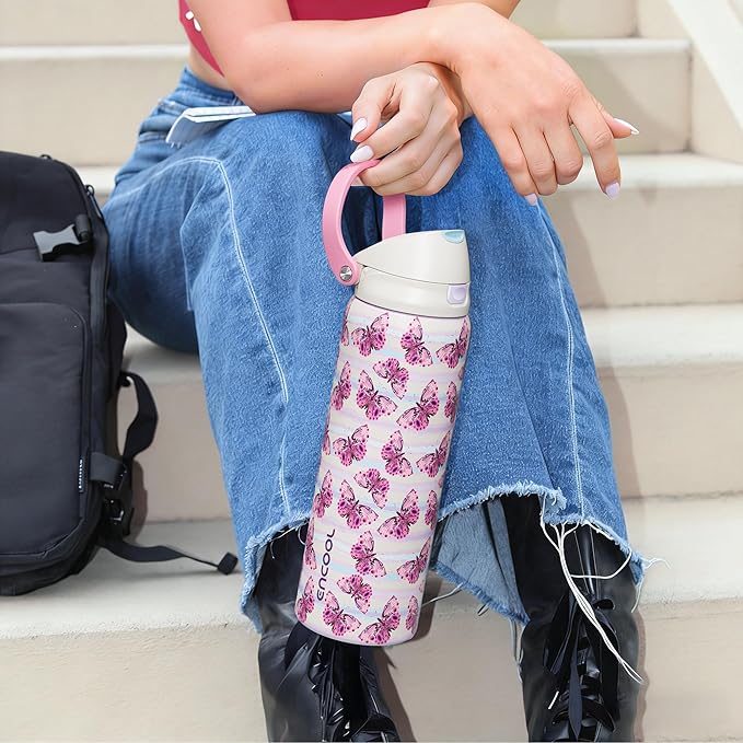 ENCOOL Leakproof Insulated Water Bottle with Straw Dual-Sip Water Bottle Bag-Safe Design for Work, Commute & Gym – Keeps Drinks Cold All Day, 32 oz, Y2K Butterfly ENCOOL