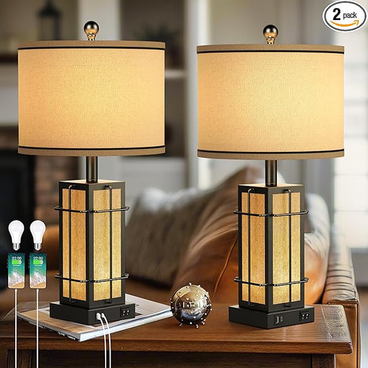 Black Table Lamps Set of 2, 24" Farmhouse Lamps for Living Room with USB C+A Ports, Industrial Retro Lamps for Bedroom, Nightstand Light Fixture, 2 Bulbs Included - Bloomnest