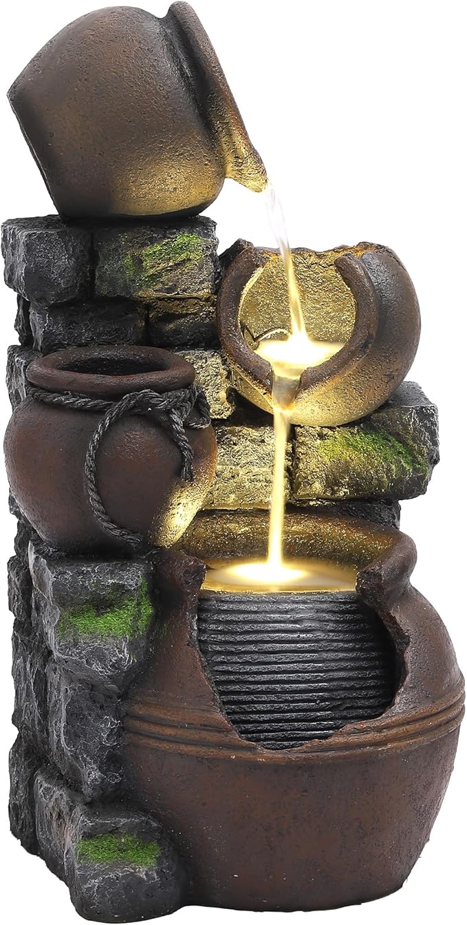 TITIMO Outdoor Water Fountain with Flower Pot and Lights - Cascading Pitchers Farmhouse Fountains and Waterfalls, Garden Fountain Patio Decor, Waterfall Fountains Indoor and Outdoor - Bloomnest