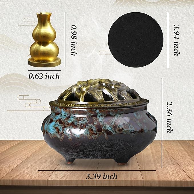 Ceramic Incense Burner with Lid, Bowl Burner， Cone Incense Burner, Ceramic Censer Suitable for Incense/Cone/Coil/Sticks, There are 30 Incense Cones+ Metal Incense Holder+Fireproof Cotton Inside. - Bloomnest