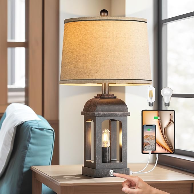 QiMH Table Lamp for Living Room, Farmhouse Lamps with USB A+C and Nightlight, 26" Rustic Bedside Lamps with 3-Way Dimmable Touch Control, Nightstand Lamp for Bedroom, Bronze, 1 Pack - Bloomnest