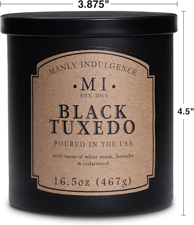 Manly Indulgence Black Tuxedo Jar Candle 16.5 oz - White Musk, Lavender, Cedarwood, Jasmine & Earthy Orris - Up to 60 Hour Burn - Soy Blend Wax, USA Poured - Bloomnest