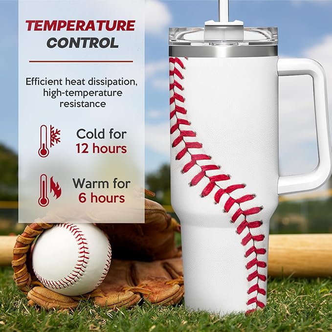 SANDJEST Baseball Tumbler with Handle 40oz, Insulated Stainless Steel Cup with Lid & Straw, Gifts for Men, Boys, Players, Coaches, Sports Lovers, Christmas, Birthday - Bloomnest