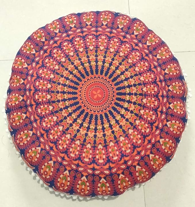 ICC 24" Orange Peacock Mandala Barmeri Large Floor Pillow Cover Cushion Meditation Seating Ottoman Throw Cover Hippie Decorative Zipped Bohemian Pouf Ottoman Pom Pom Cases 24" Round - Bloomnest
