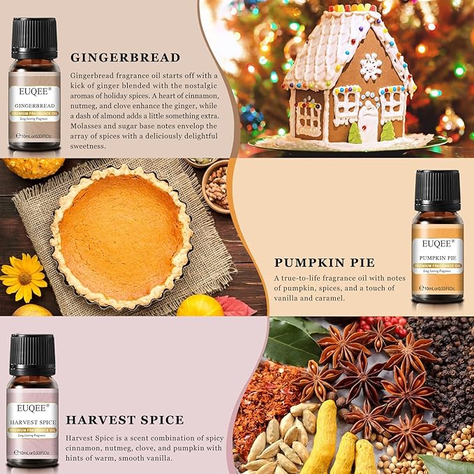 EUQEE Holiday Cheer Premium Fragrance Oils Set of 6 - Forest Pine, Christmas Wreath, Brown Sugar, Harvest Spice, Gingerbread, Pumpkin Pie - Scented Oils for Diffuser, Candle Making (10ml) EUQEE