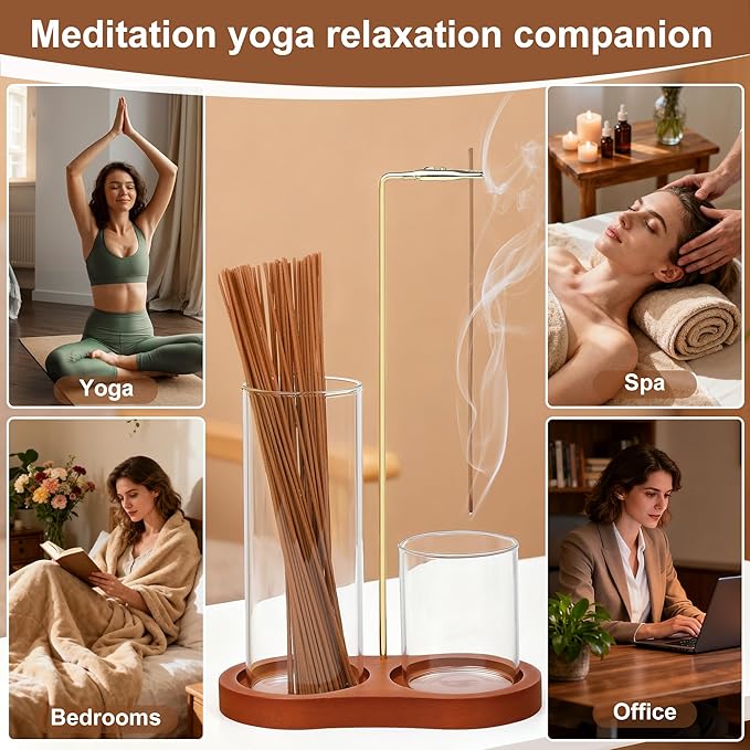 2 in 1 Incense Holder for Sticks, Wooden Incense Holder for Sticks with Glass Ash Catcher, Anti-ash Incense Burner with 20 Incense Sticks and a Ash Brush for Meditation Yoga Spa Room Decor