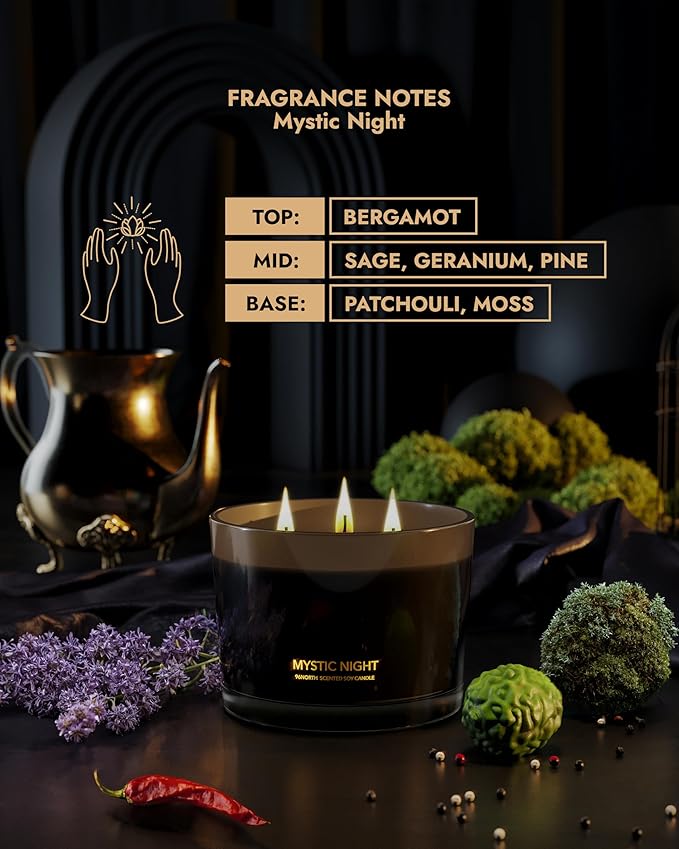 96NORTH Luxury Black Candle | Large 3-Wick Jar Candle | Up to 40 Hours Burning Time | 100% Natural Soy Wax | Relaxing Aromatherapy Aesthetic Candle | Housewarming Gift for Men and Women - Bloomnest