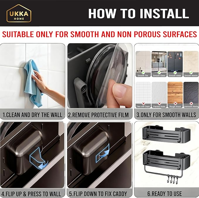 Suction Cup SQUARE Shower Caddy with Hooks and Towel Bar for Bathroom. Aluminum, Reusable, Rustproof, No Drill, No Tools, No Glue. Multifunctional, Hang Towel, Loofah, Sponge (2 Pack, Gray) - Bloomnest