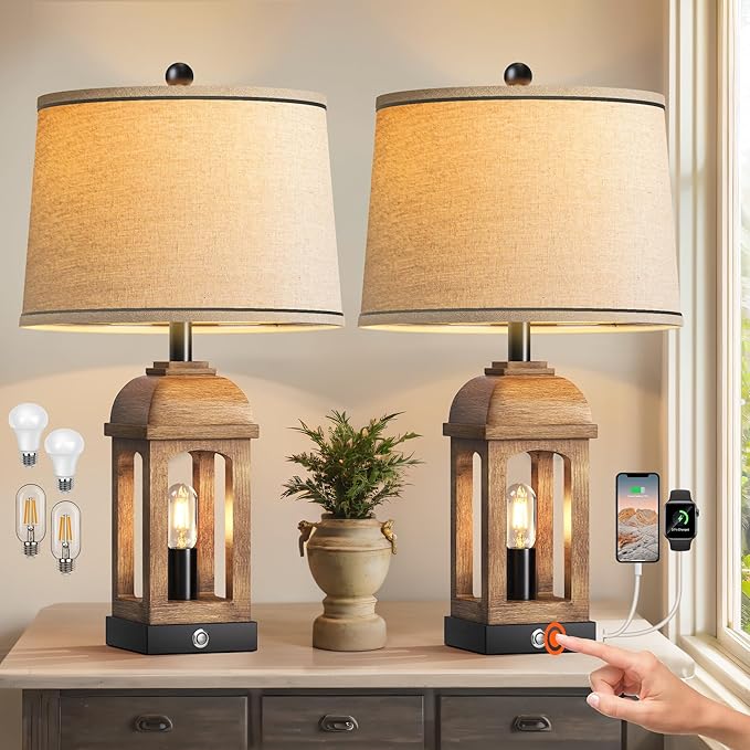 QiMH Table Lamp for Living Room, Farmhouse Lamps Set of 2 with USB A+C and Nightlight, 26" Rustic Bedside Lamps with 3-Way Dimmable Touch Control, Nightstand Lamp for Bedroom Decor, Wood Grain - Bloomnest