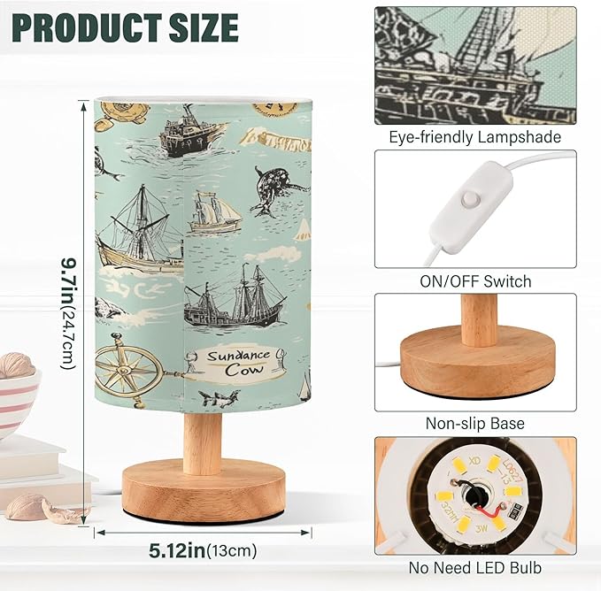 Pirate Maps Vintage LED Table Lamp with USB Port Night Light Bedroom Lamps for Nightstand Living Room Dorm Home Office Desk - Bloomnest