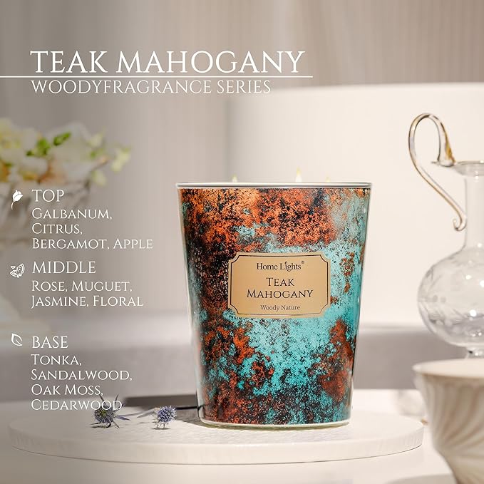HomeLights Large jar Candle | 3-Wick Long-Lasting Scented Candles, 34oz Natural Soy Wax Candle for Home Scented, Industrial Chic Gifts for Women & Men, Teak Mahogany - Bloomnest