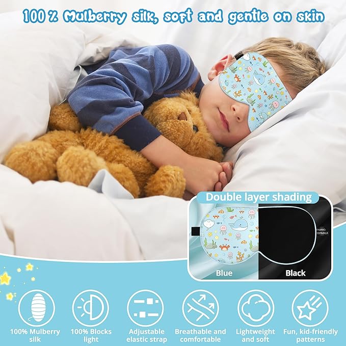 Kids Sleep Mask Eye Cover: 100% Real Natural Pure Silk Eye Mask with Adjustable Strap, Funny Blindfold Kids Eye Mask for Sleeping, Soft & Lightweight Eye Shade for Boys Girls Teens (Ocean Style) - Bloomnest