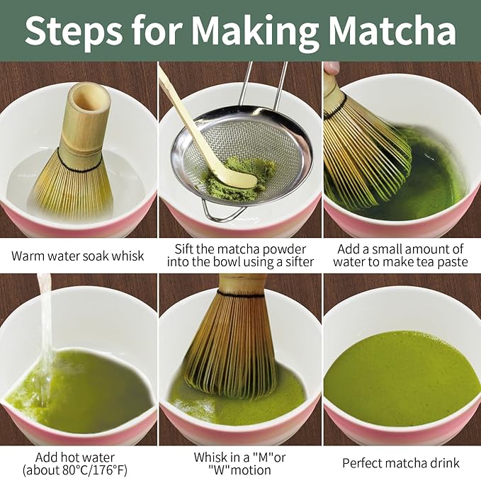 Matcha Whisk Set, 7-Pcs Matcha Set Includes Gradient Ceramic Matcha Bowl and Chasen Holder, Bamboo Whisk, Stainless Sifter, Teaspoon, Tea Towel, Spoon, Matcha Kit for Tea Lovers (Pink) - Bloomnest