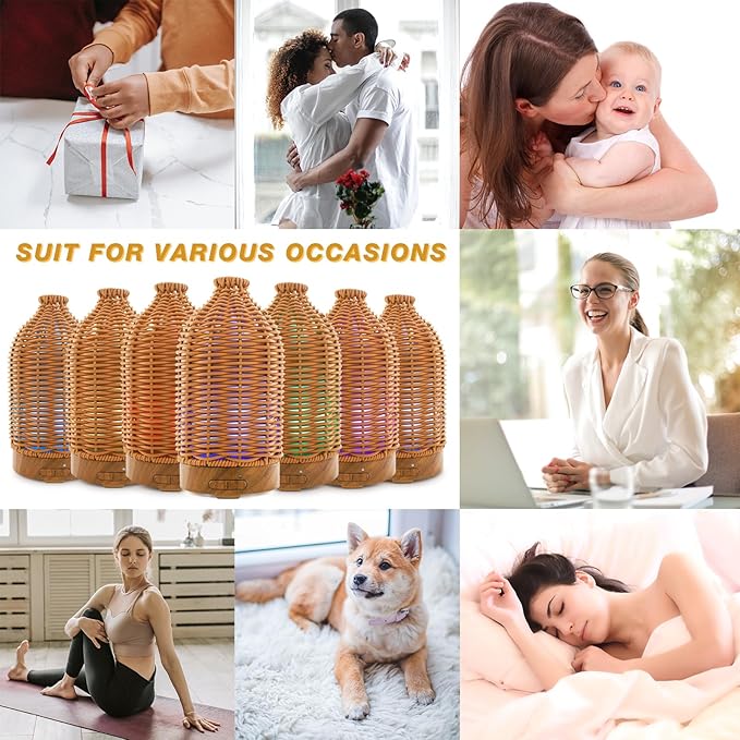 Essential Oil Diffuser - Multifunction Aromatherapy Diffuser 7 LED Color Changing Light 100ML Rattan Diffuser Easy to Clean Suitable for Home,Office (Tan) - Bloomnest