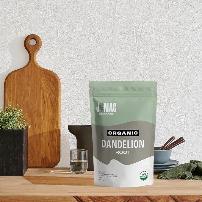 J Mac Botanicals Organic Dandelion Root (8 oz) unroasted, herb for tea and other infusions, Packaged in the USA, Certified USDA Organic - Bloomnest