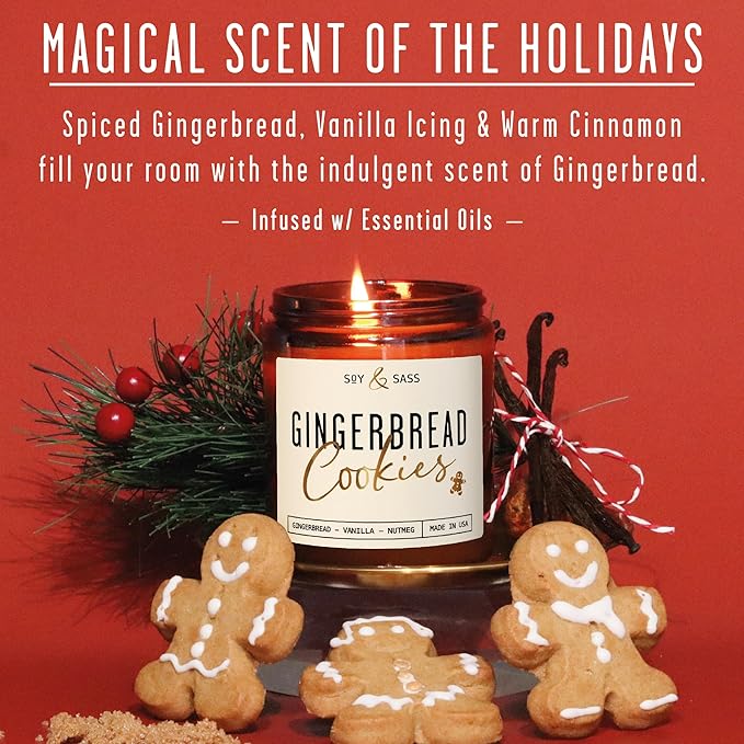 Gingerbread Candle, Christmas Candles Scented – ‘Gingerbread Cookies’ Soy Candle, w/Gingerbread, Cinnamon & Vanilla - Infused with Essential Oils I 9oz, 50Hr, Made in USA - Bloomnest
