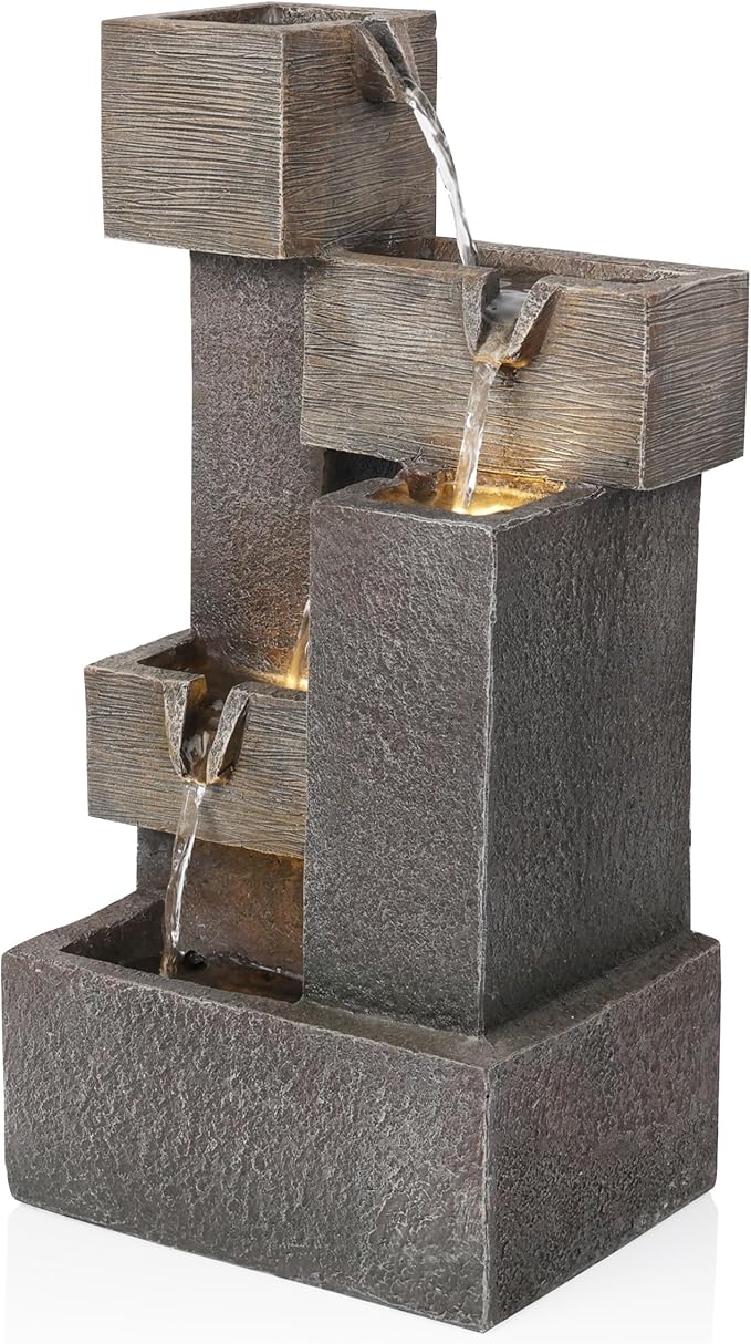 Alpine Corporation ZDQ110 19" Indoor/Outdoor Multi-Tier Water Fountain with LED Lights – Cascading Waterfall Feature for Gardens, Patios, Yards, and Home Décor, Gray - Bloomnest