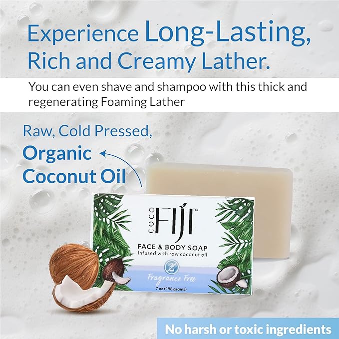 Coco Fiji Soap Bar for Face and Body Infused With Organic Coconut Oil, Fragrance Free, Essential Oil, Natural Soap for Moisturizing & Pore Purifying Skin, 7 oz,Pack of 2