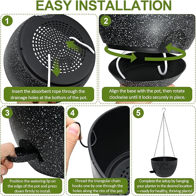 WOUSIWER Self Watering Hanging Planters, 2 Pack 12'' Plastic Pots with Drainage Holes & Reservoir Tray (Speckled Black) | Indoor & Outdoor Use for Ferns, Ivy, Herbs, Succulents - Bloomnest