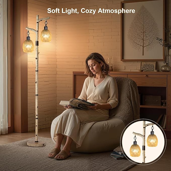 Scenekoy Retro 68.5” Tall Floor Lamp With Carving Shade, Farmhouse Resin Standing Lamp & Faux Birch Tree Finish, Dimmable Corner Lamp Stand Up Light with Bulb Prefer for Living Room Bedroom Home Decor