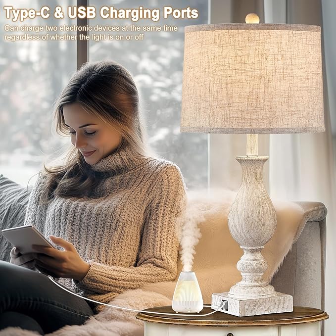 28'' Tall Farmhouse Table Lamps for Living Room, Bedroom Lamps Set of 2 with USB C+A Charging Ports, Rustic Farmhouse Nightstand Lamps for Bedside, Traditional Side Table Lamp with Fabric Shade - Bloomnest