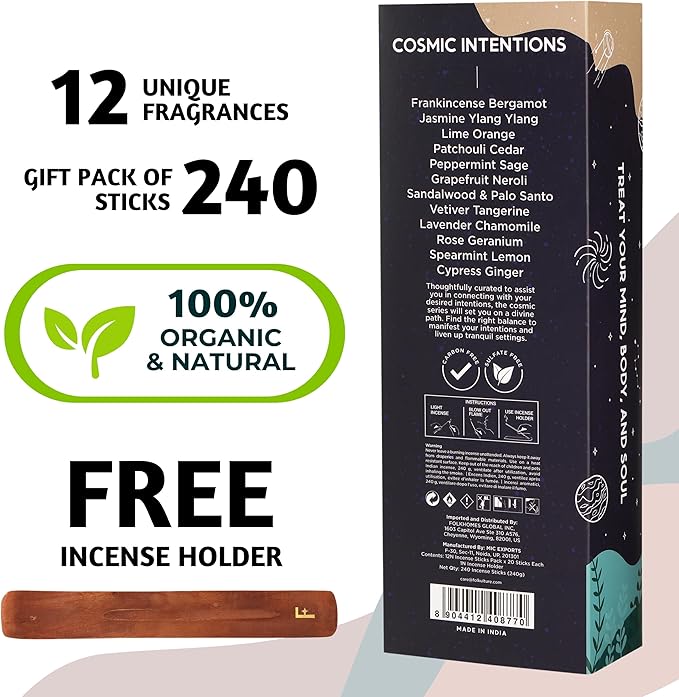 Folkulture Incense Sticks | Pack of 12 Non Toxic Insenses (240 Sticks) with Incense Holder | Frankincense, Jasmine, Patchouli, Palo Santo, Organic Lavender Organic Inscents-Sticks for Home - Bloomnest