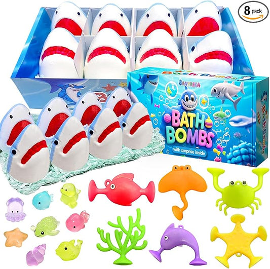 Shark Bath Bombs for Kids, 8 Surprise Bath Bombs with Sea Aninmals Inside & 4 Suction Cup Toys Outside, Natural Handmade Bubble Bath Ball Gift for Boys Girls Birthday Christmas - Bloomnest