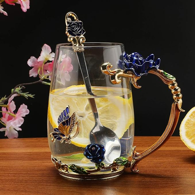 Luka Tech Enamels Butterfly flower Lead-free Glass Coffee Mugs Tea Cup with Steel Spoon, personalised Gifts For Women Wife Mom Friends Birthday Mothers Valentines Day Wedding (Blue-Tall) - Bloomnest