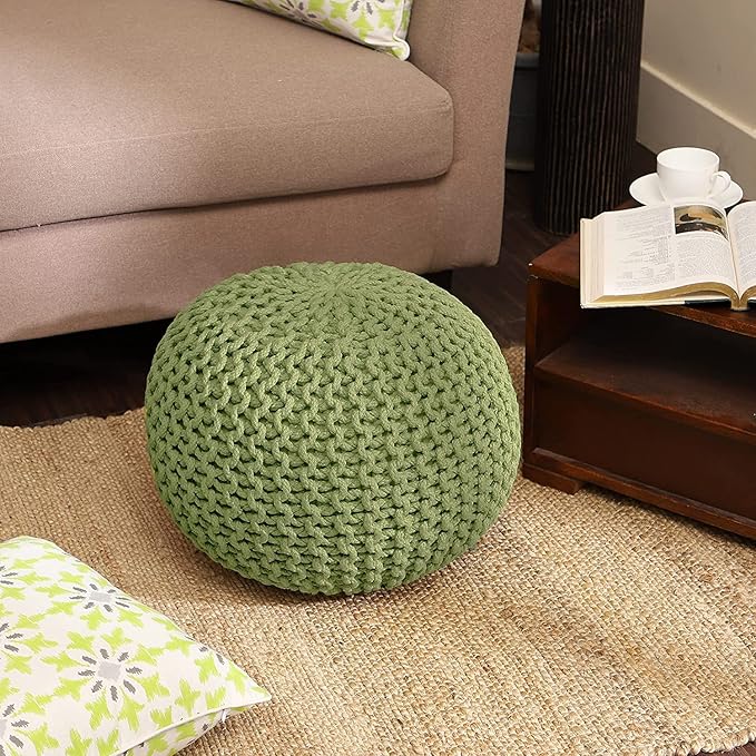 REDEARTH · Round Pouf Foot Stool Ottoman - Cotton Knitted Cord Boho Pouffe - Cable Poof Filled Footrest Stuffed for Living Room - Nursery - Bedroom - Patio - Lounge (19.5"x19.5"x14") - Kiwi - Bloomnest