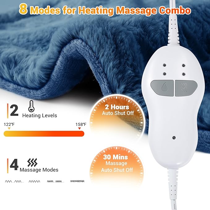 Massaging Heating Pad for Neck and Shoulders and Back, 24" x 35" Large Electric Heating Pad for Back Pain Relief with 3 Heat Levels, 4 Massage Settings, 2H Auto Shut-Off, 4 Massage Motors,Blue - Bloomnest