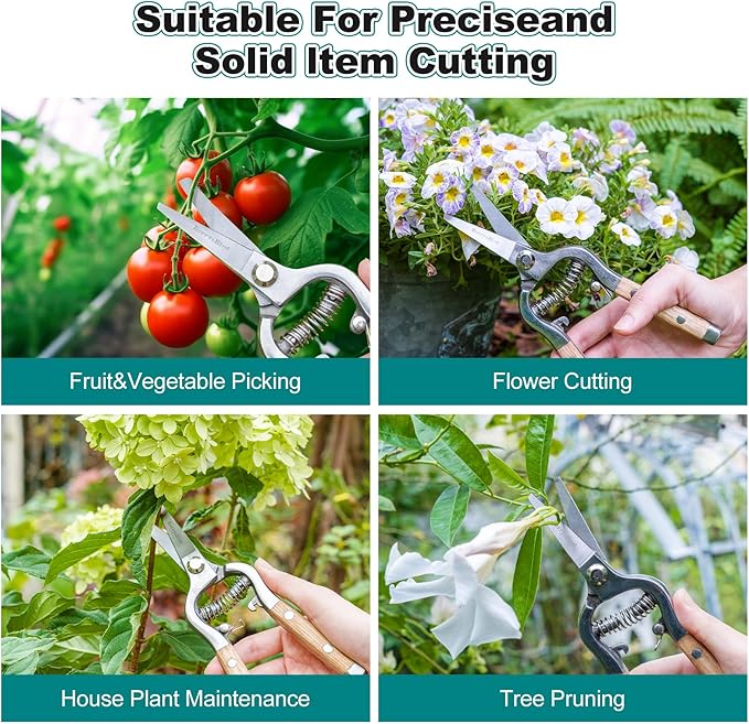 Berry&Bird Straight Pruning Shears with Stainless Steel Blades Garden Hand Pruner 8'' Scissors with Wooden Handle Clippers for Gardening Trimming Cutting Bonsai - Bloomnest