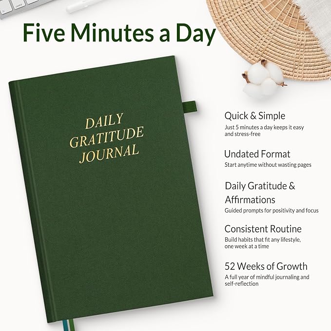 SUNEE Daily Gratitude Journal – 52 Weeks Simple 5 Minute Journal for Daily Reflection, Build Positivity and Mindfulness, Undated Minimalist Planner for Women & Men (Deep Green)