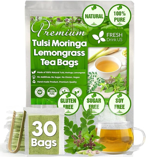 FreshDrinkUS, Premium 30 Tea Bags Tulsi Moringa Lemongrass, 100% Natural & Pure from Tulsi Holy Basil Leaves, Moringa & Lemongrass. Made with Natural Material Tea Bags. No Sugar, No Caffeine, Vegan. - Bloomnest