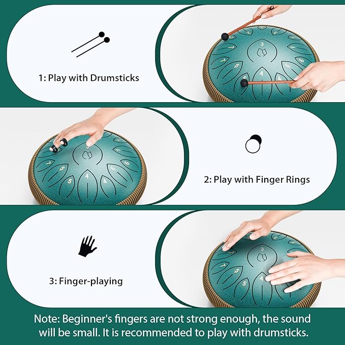Steel Tongue Drum 12 Inch 15 Notes, Steel Drums Instruments for Kids Adults, Hand Pan Drum with Music Book, Drum Mallets and Carry Bag, Handpan C Major, Malachite Green - Bloomnest
