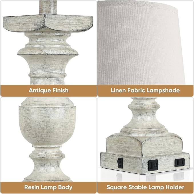 Farmhouse Table Lamp Set of 2, 28'' Bedside Lamps with USB A+C Port, Traditional Nightstand Lamps for Room, Vintage Table Lamp, Desk Lamp for Bedroom, Beige Lampshade, Rocker Switch, Bulb Included - Bloomnest