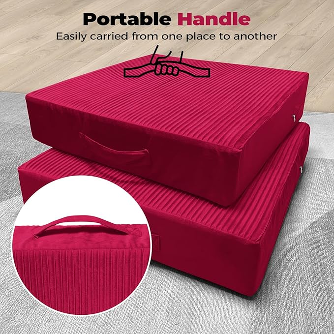 Large Floor Pillows for Adults, Thick Meditation Floor Cushions for Sitting Yoga, 22x22x5 Foam Seat Cushions Set of 2 for Furniture, Floor Pillow with Pleated Velvet Removable Cover, Burgundy