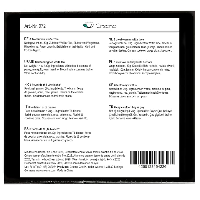 Creano Blooming Tea Mix 6pcs Flowering Tea White Tea in Elegant Magnetic Box with Silver Embossing