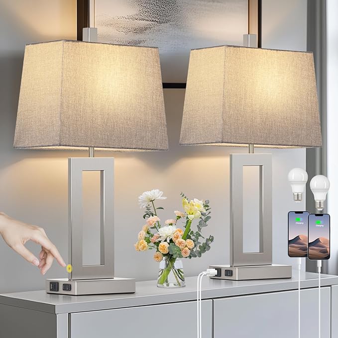 Touch Control Table Lamp Set of 2, Modern Silver Bedside Lamps with USB C+A Ports & AC Outlet, 3 Way Dimmable Bedroom Lamps for Night Stands Bedroom Living Room,Nightstand Lamp - Bloomnest