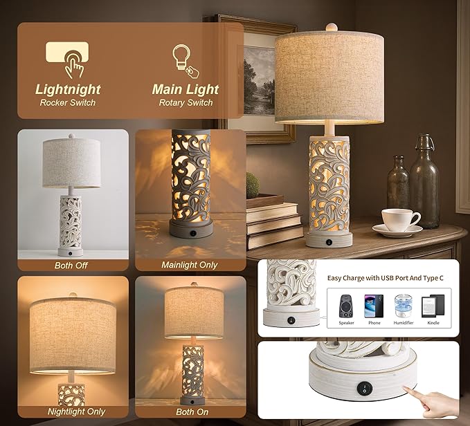 OYEARS 22'' Table Lamp Set of 2 for Living Room,Farmhouse Lamp for for Bedroom,Vintage Retro Bedside Lamps with USB Ports Linen Shade for Home Office (Wash White, Bulb Included) - Bloomnest