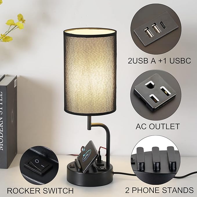 Dreamholder Table Lamp with 3 USB Charging Ports, Modern Desk Lamp with AC Outlet and Phone Stands, Perfect Bedside Lamp for Bedroom, Living Room, Office (Pack of 2), Black - Bloomnest